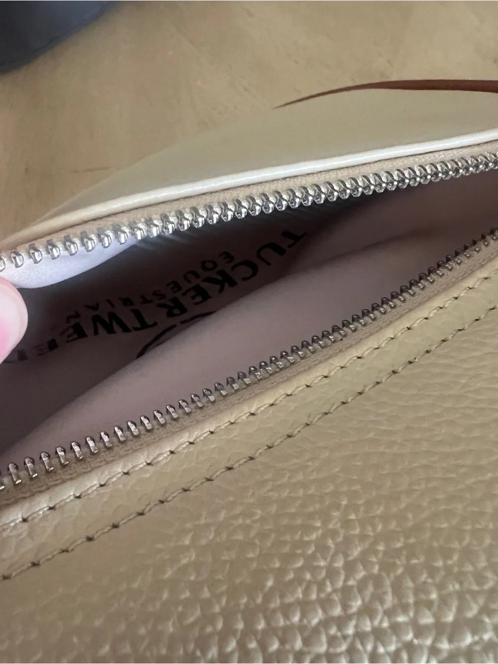 Tucker tweed. Tan and Cream Leather Crossbody Messenger Bag with Horse Medallion